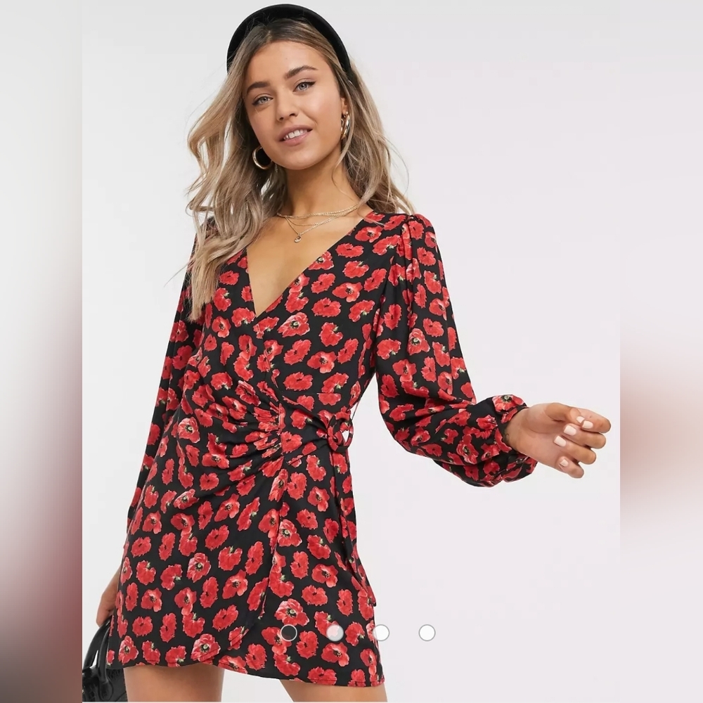 Pull&Bear wrap dress in bold red floral print